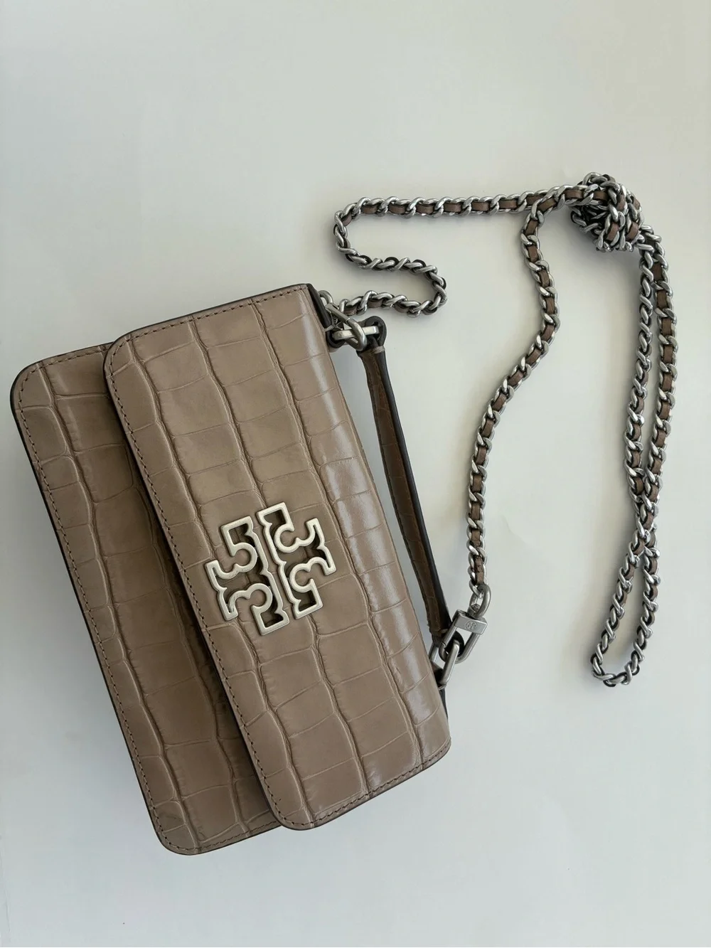 Tory Burch Taupe Croc-Embossed Chain Crossbody Bag